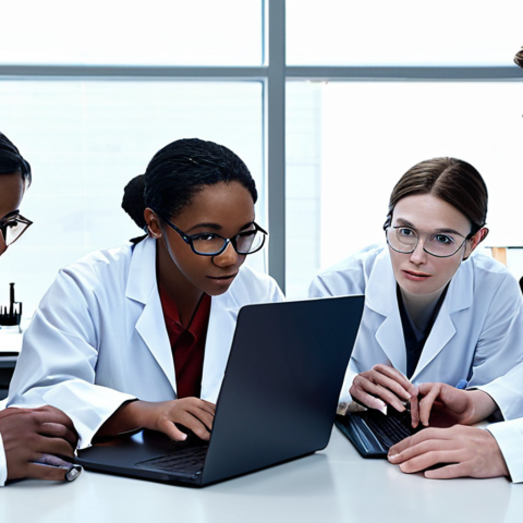 **

A diverse team of scientists from different fields (biology, engineering, social sciences) collaborating on a research project, using laptops and analyzing data in a modern lab setting. Emphasize innovation and teamwork.

**