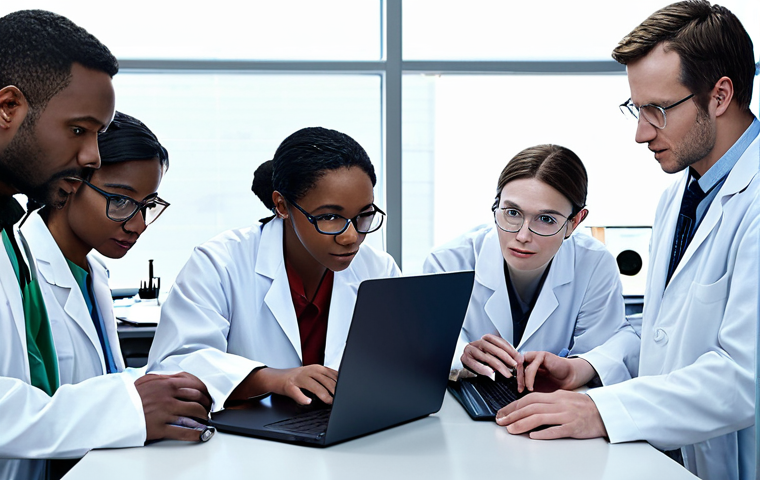 **
A diverse team of scientists from different fields (biology, engineering, social sciences) collaborating on a research project, using laptops and analyzing data in a modern lab setting. Emphasize innovation and teamwork.
**