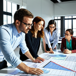 A vibrant, detailed depiction of an interdisciplinary team collaborating in a modern, sunlit workspace. Diverse professionals, including an architect with blueprints, a data scientist analyzing complex graphs, a sociologist engaged in discussion, and an environmental scientist pointing at a holographic display of global data, are gathered around a large interactive table. Elements in the background subtly hint at urban planning and interconnected global challenges. The atmosphere is optimistic and focused, emphasizing synergy and innovative problem-solving. Photorealistic, high detail, soft natural lighting.