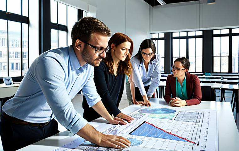 A vibrant, detailed depiction of an interdisciplinary team collaborating in a modern, sunlit workspace. Diverse professionals, including an architect with blueprints, a data scientist analyzing complex graphs, a sociologist engaged in discussion, and an environmental scientist pointing at a holographic display of global data, are gathered around a large interactive table. Elements in the background subtly hint at urban planning and interconnected global challenges. The atmosphere is optimistic and focused, emphasizing synergy and innovative problem-solving. Photorealistic, high detail, soft natural lighting.