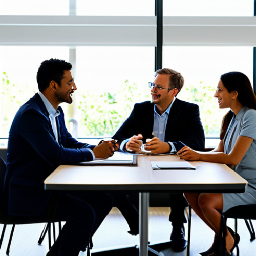 Home 8 A diverse team of four professionals, including a scientist, an engineer, a social scientist, and a tech specialist, fully clothed in professional business attire and modest clothing, seated around a large, modern conference table in a sunlit, open-plan office. They are actively engaged in a lively discussion, brainstorming innovative ideas with a sense of synergy and shared purpose. Perfect anatomy, correct proportions, natural pose, well-formed hands, proper finger count, natural body proportions, professional photography, high quality, realistic, safe for work, appropriate content, fully clothed, professional, modest, family-friendly.