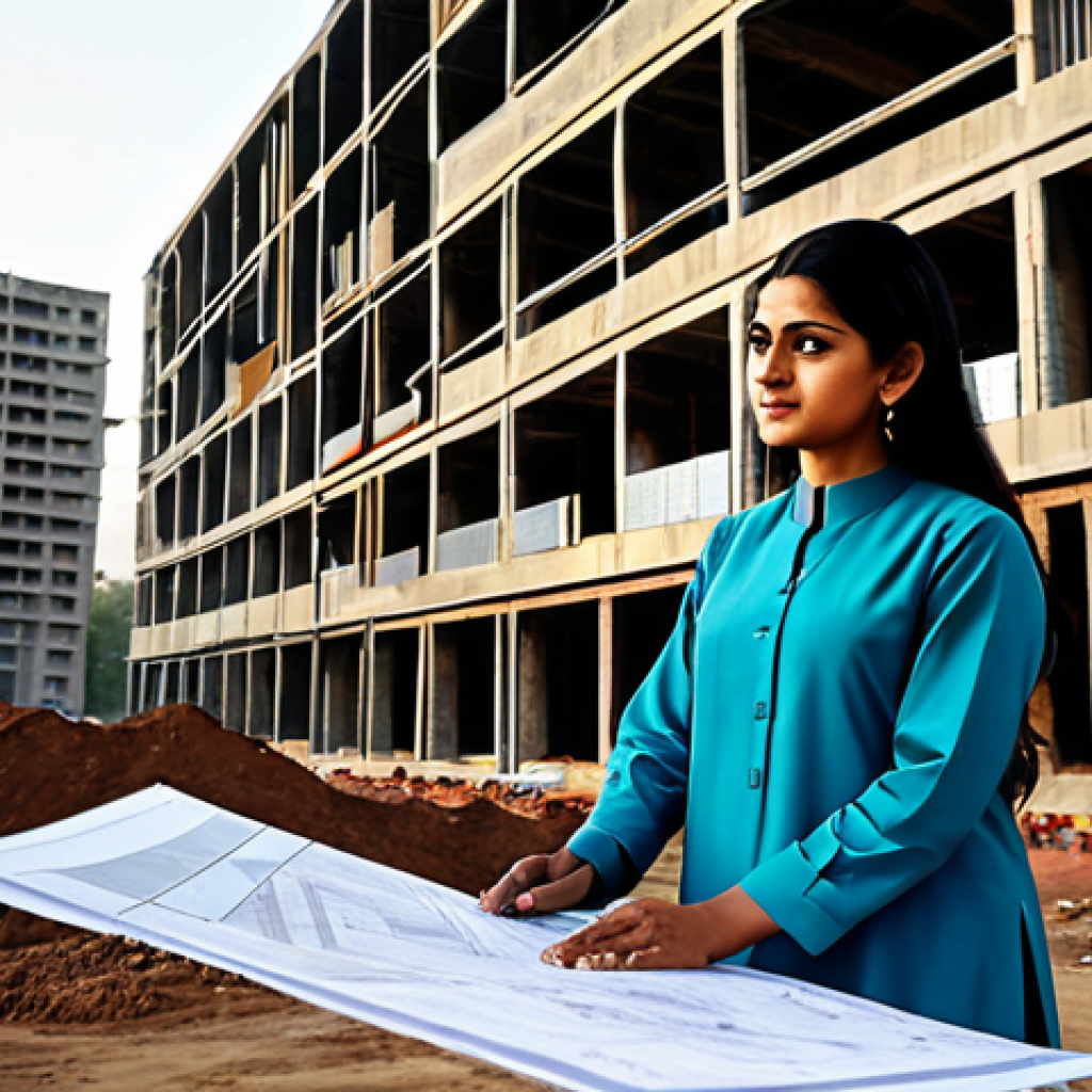 학제간 연결 탐색법과 관련된 기본 용어 정리 - **Prompt:** A professional female architect in a modest, elegant shalwar kameez, reviewing blueprint...
