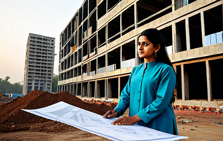 학제간 연결 탐색법과 관련된 기본 용어 정리 - **Prompt:** A professional female architect in a modest, elegant shalwar kameez, reviewing blueprint...