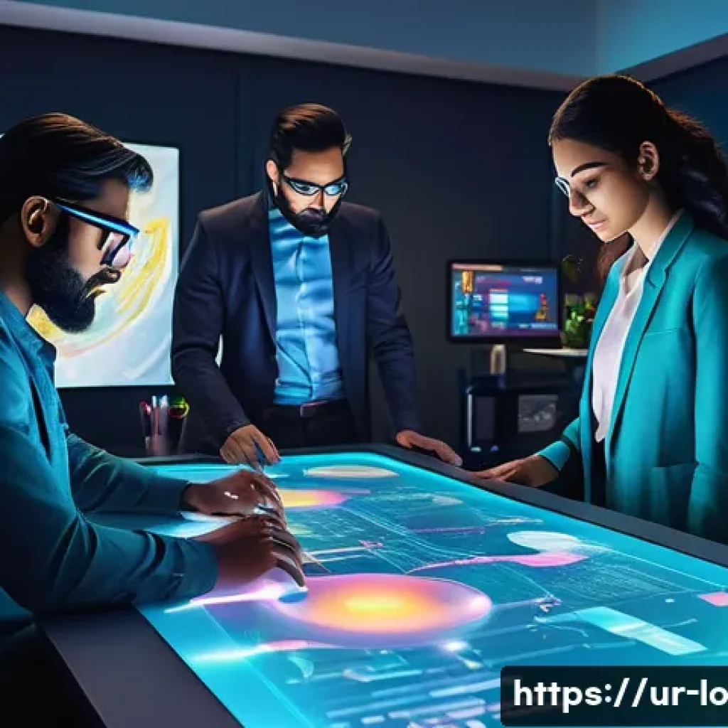학제간 연구에서의 혁신적인 아이디어 발굴 - A vibrant digital art studio scene showcasing a diverse group of professionals collaborating: a scie...