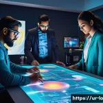 학제간 연구에서의 혁신적인 아이디어 발굴 - A vibrant digital art studio scene showcasing a diverse group of professionals collaborating: a scie...