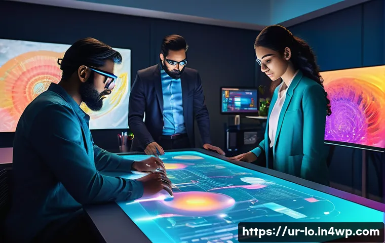 학제간 연구에서의 혁신적인 아이디어 발굴 - A vibrant digital art studio scene showcasing a diverse group of professionals collaborating: a scie...