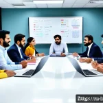 학제간 연구에서의 효과적인 피드백 방법 - A diverse research team in a modern office environment, engaged in a collaborative meeting around a ...
