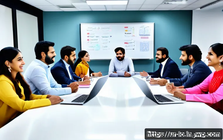 학제간 연구에서의 효과적인 피드백 방법 - A diverse research team in a modern office environment, engaged in a collaborative meeting around a ...